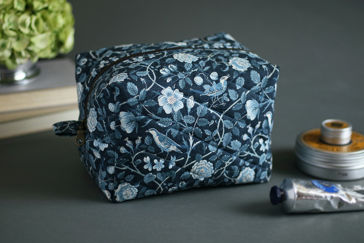 French Blue Birds Handmade Quilted "Boxy" Makeup Bag