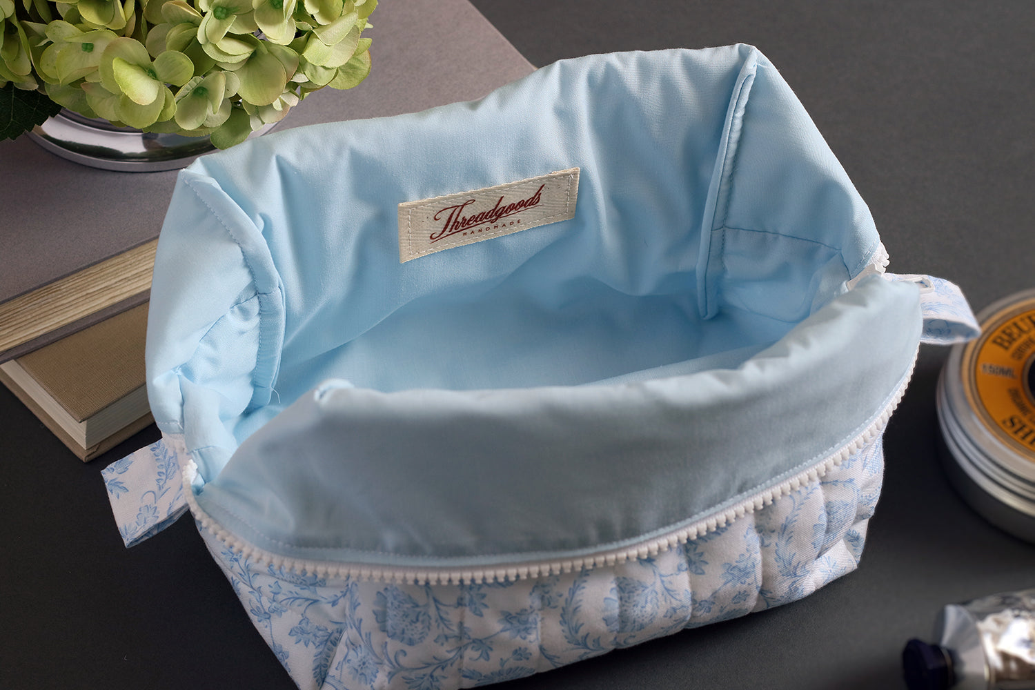 Vintage Style Blue and White Handmade Quilted "Boxy" Makeup Bag