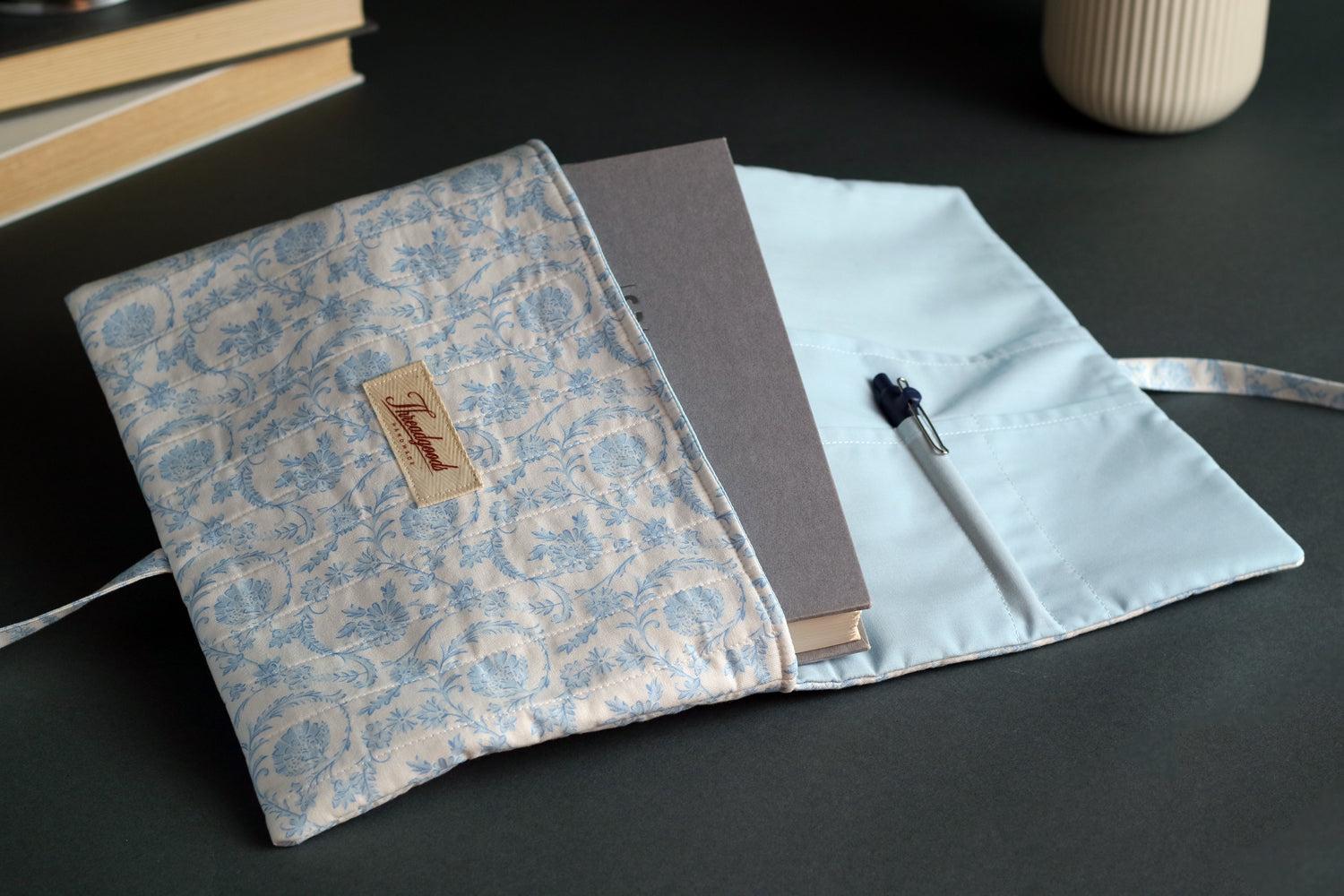 Vintage Style Blue and White Handmade Quilted Book Cover - Medium