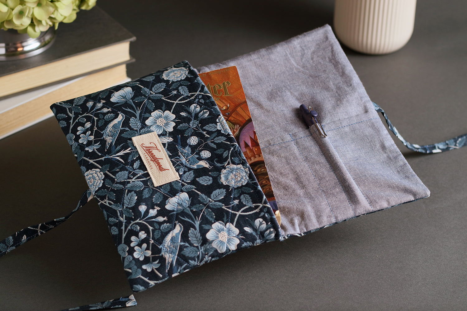 French Blue Birds Handmade Quilted Book Cover - Small