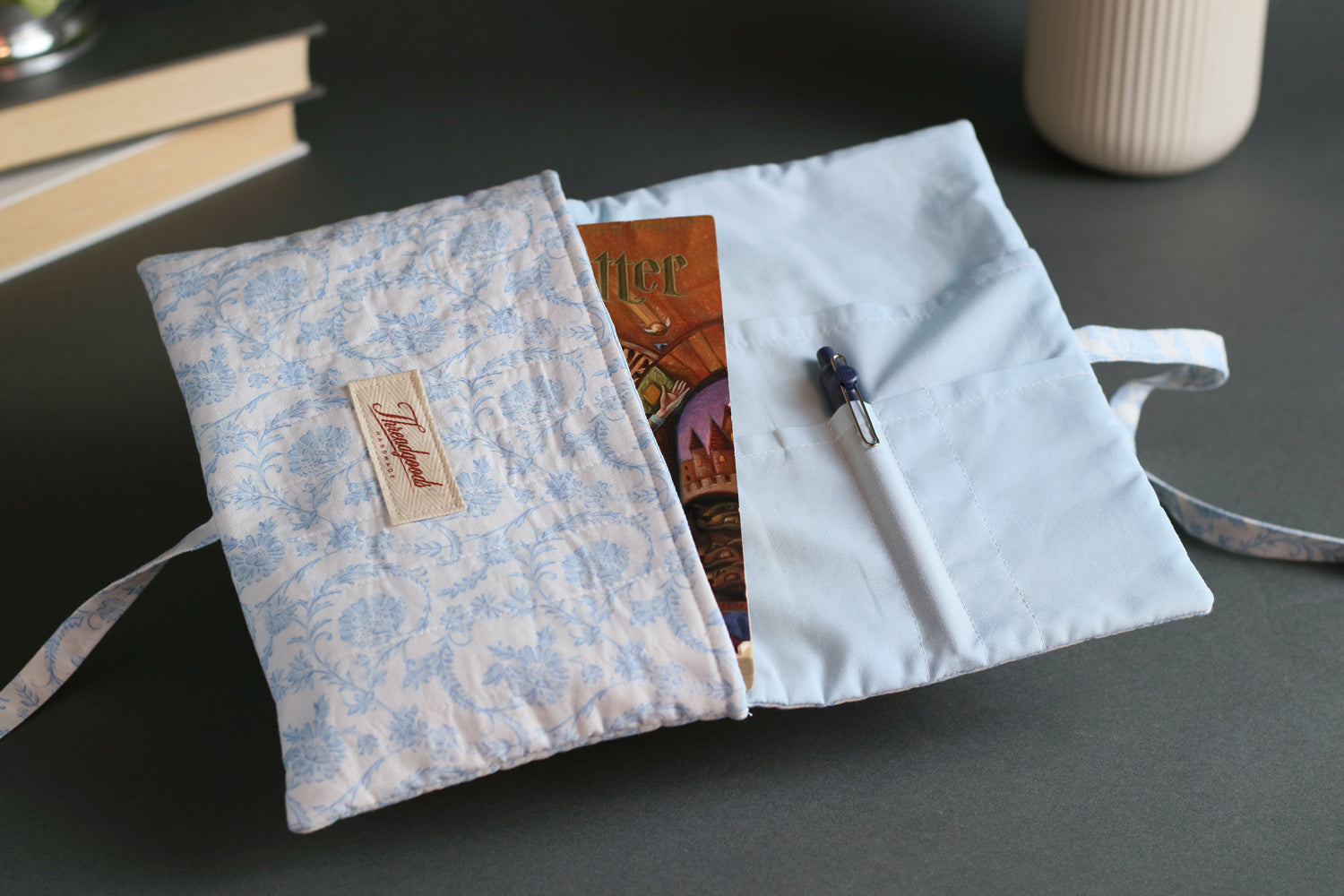 Vintage Style Blue and White Handmade Quilted Book Cover - Small