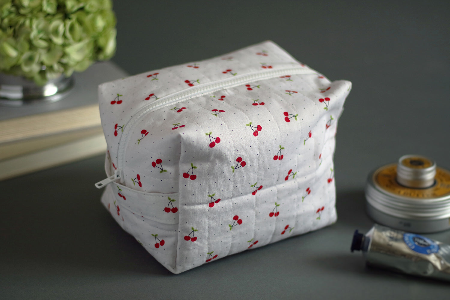 Cherry Picnic Handmade Quilted "Boxy" Makeup Bag