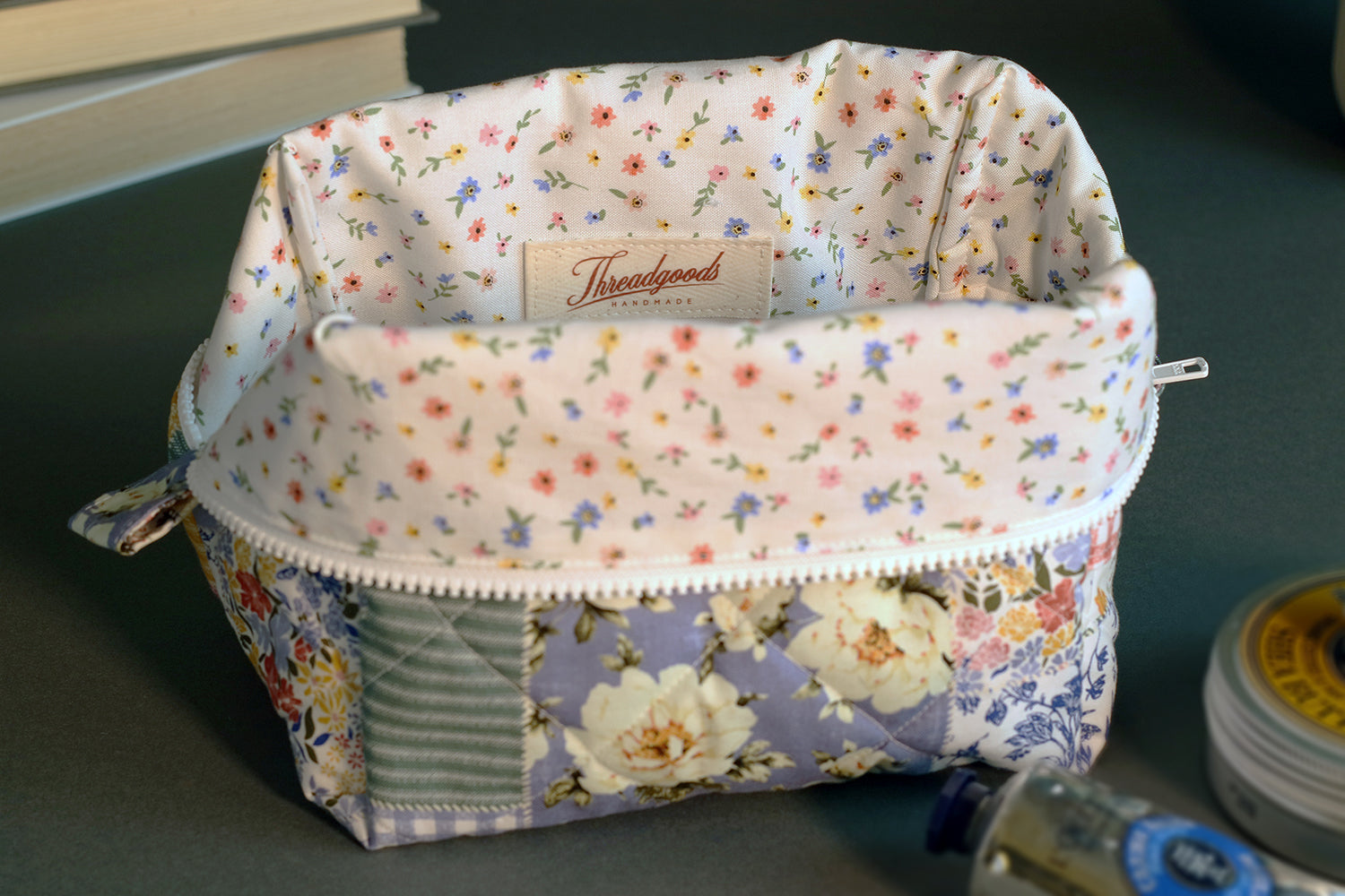 Colorful Patchwork Handmade Quilted "Boxy" Makeup Bag