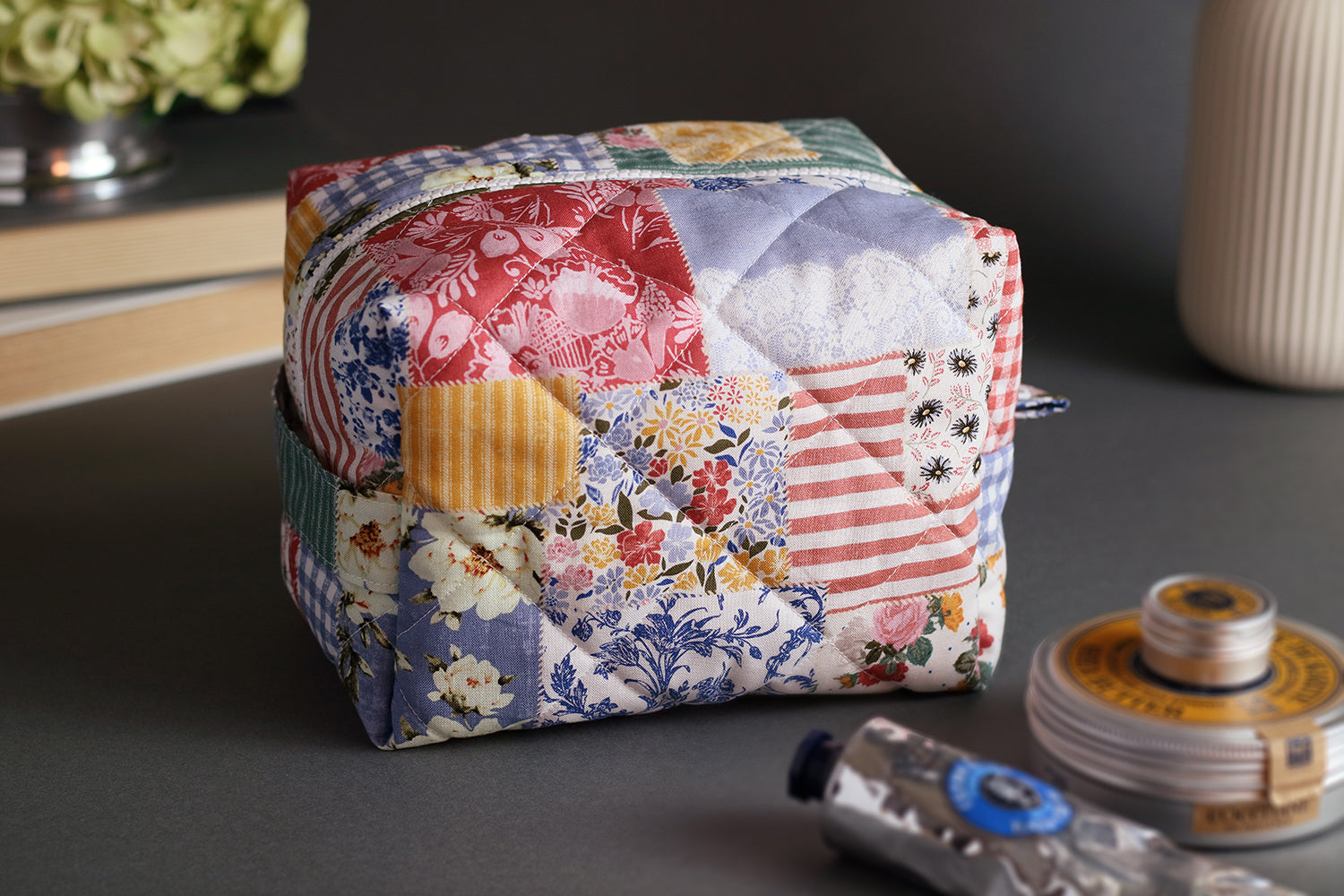 Colorful Patchwork Handmade Quilted "Boxy" Makeup Bag