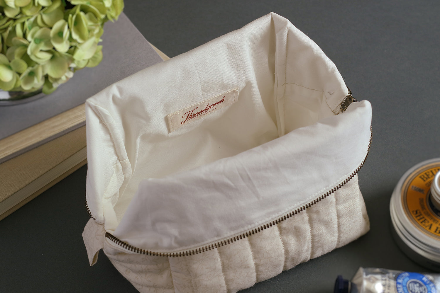 Natural Tiny Vines Handmade Quilted "Boxy" Makeup Bag