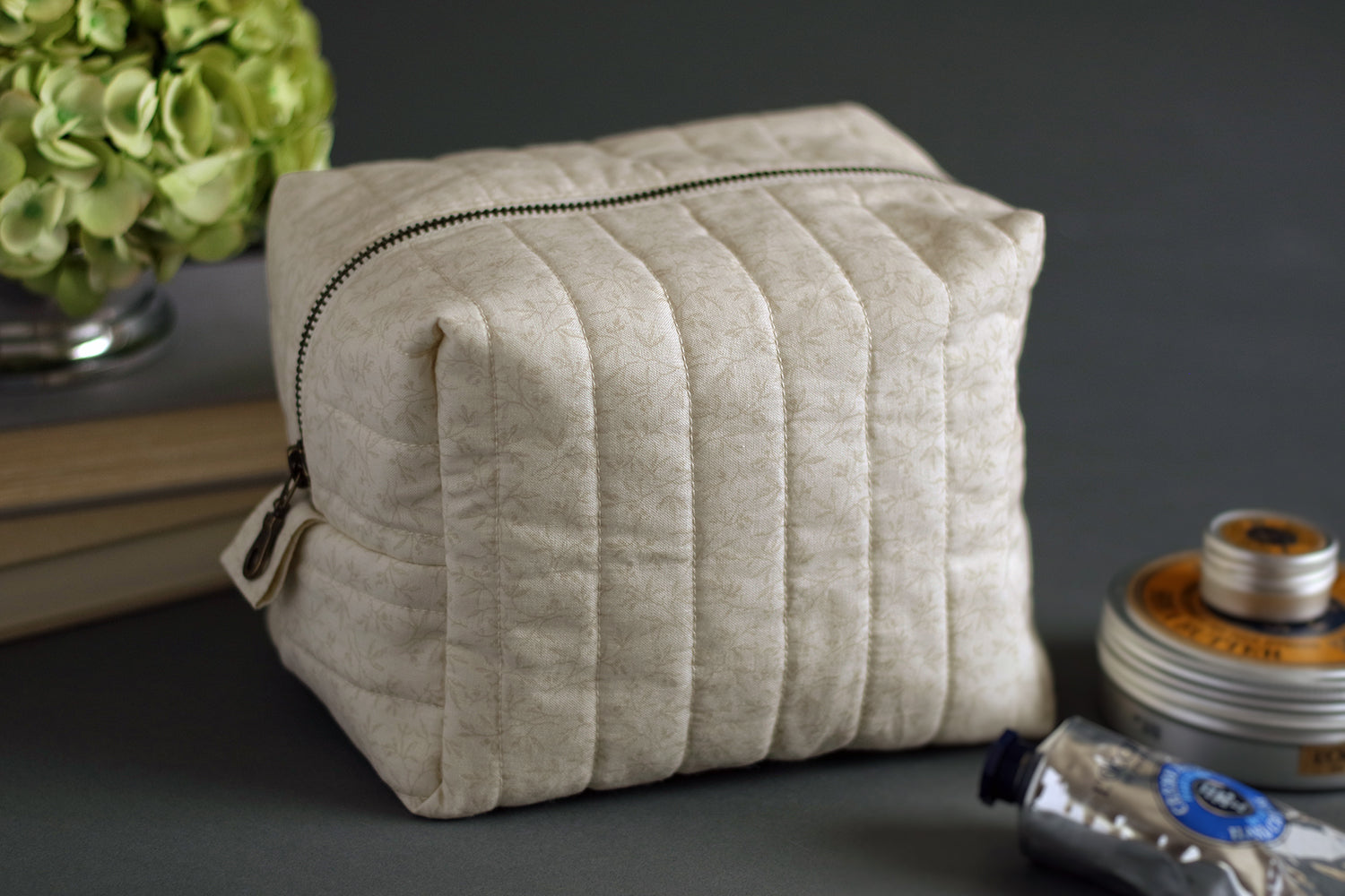 Natural Tiny Vines Handmade Quilted "Boxy" Makeup Bag