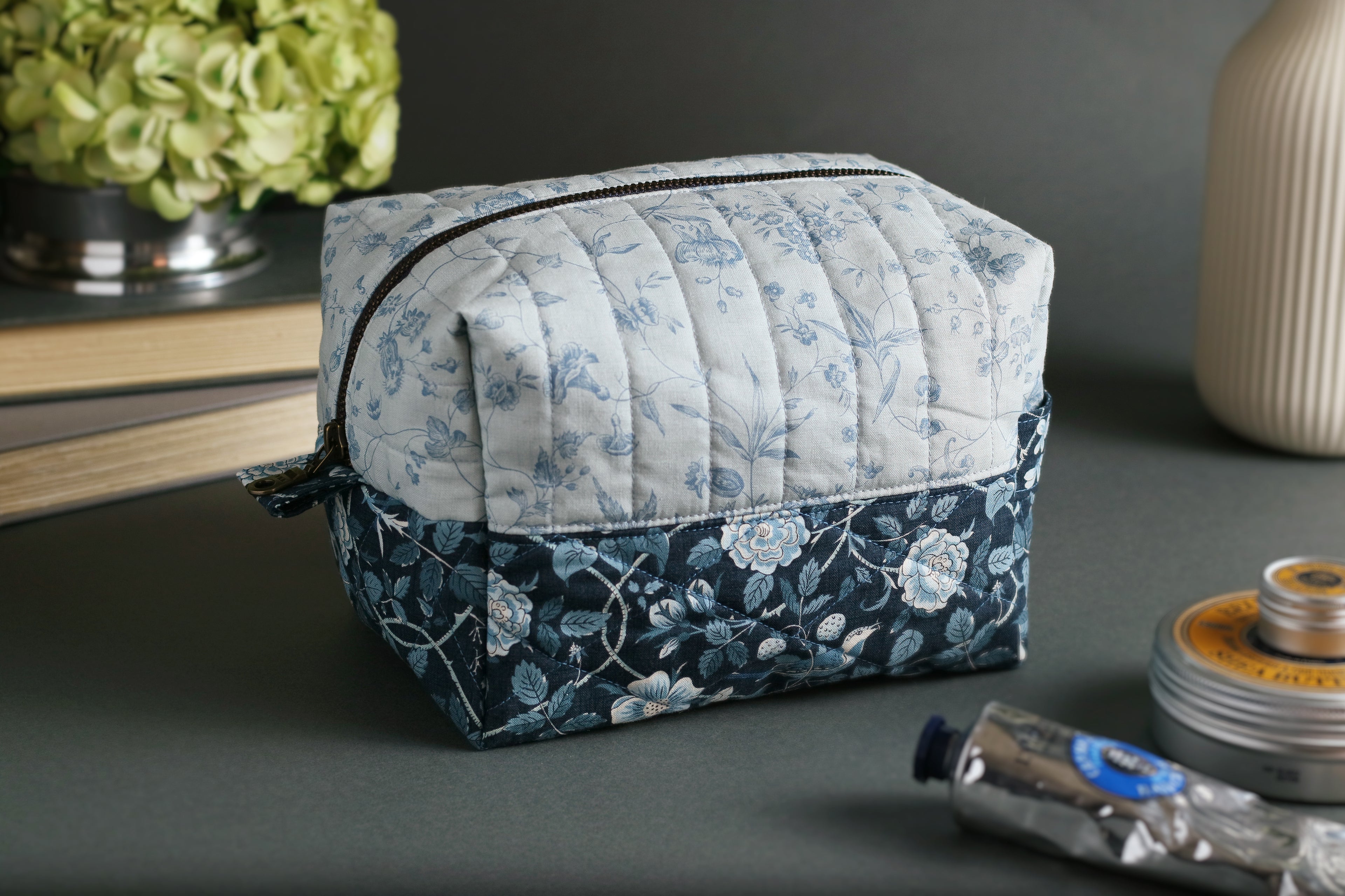 Two-tone French Blue Peony/Birds Handmade Quilted "Boxy" Makeup Bag