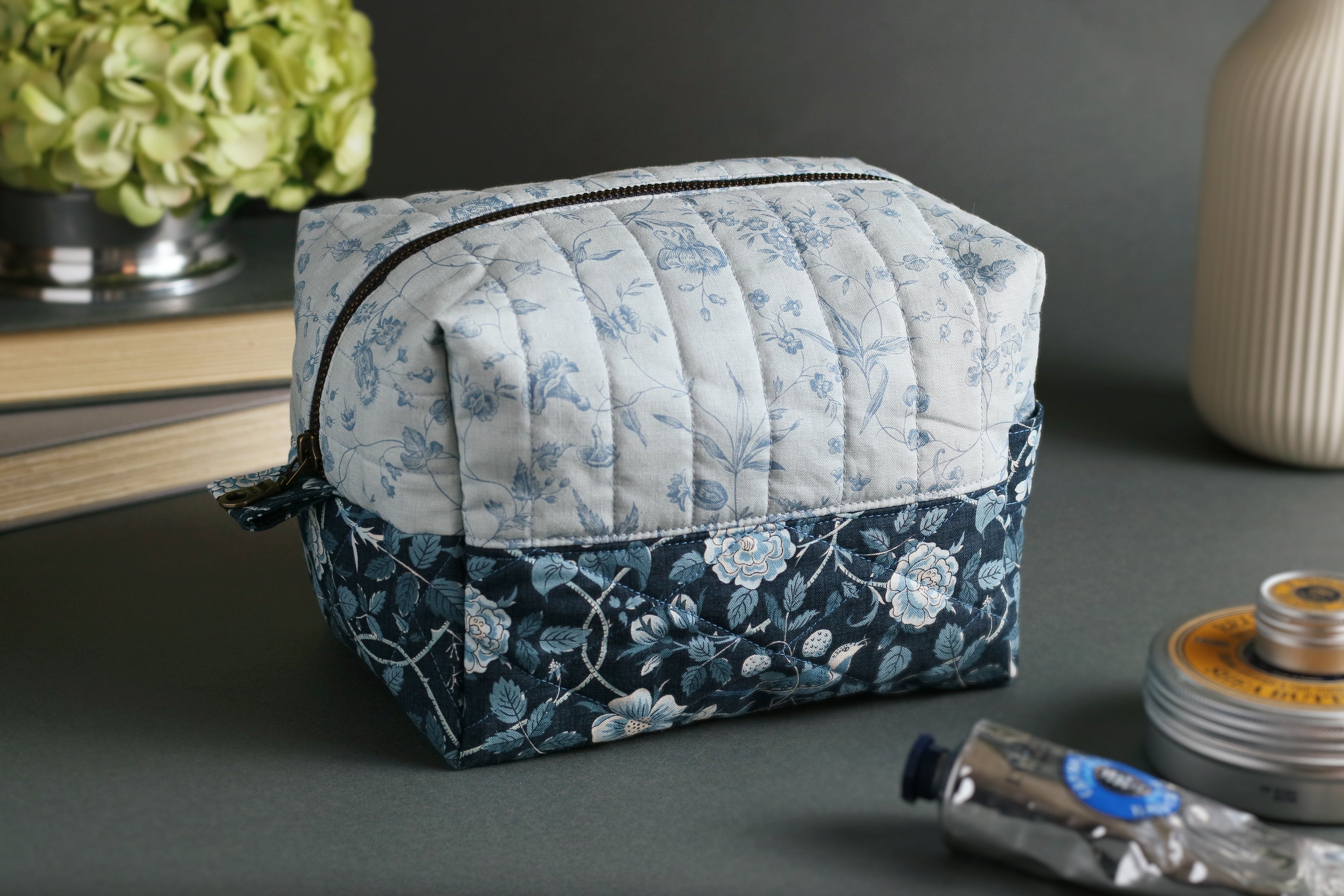 Two-tone French Blue Peony/Birds Handmade Quilted "Boxy" Makeup Bag