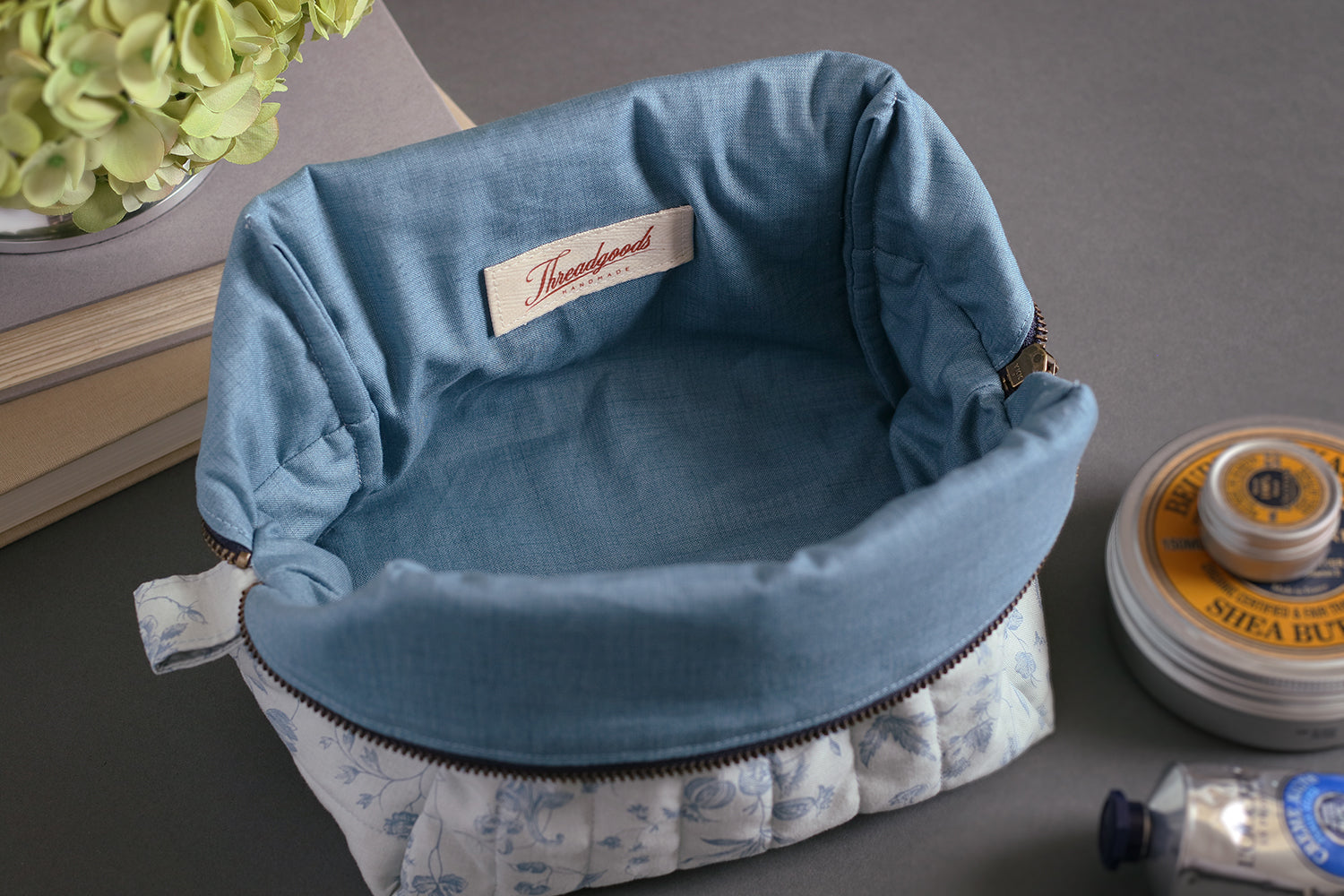 French Blue Peony Handmade Quilted "Boxy" Makeup Bag