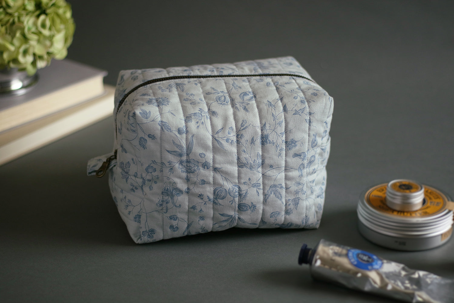 French Blue Peony Handmade Quilted "Boxy" Makeup Bag
