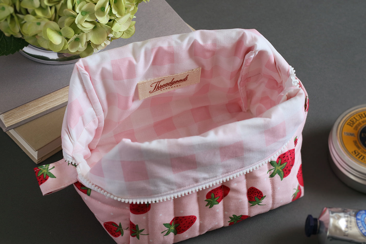 Strawberry Picnic Handmade Quilted "Boxy" Makeup Bag