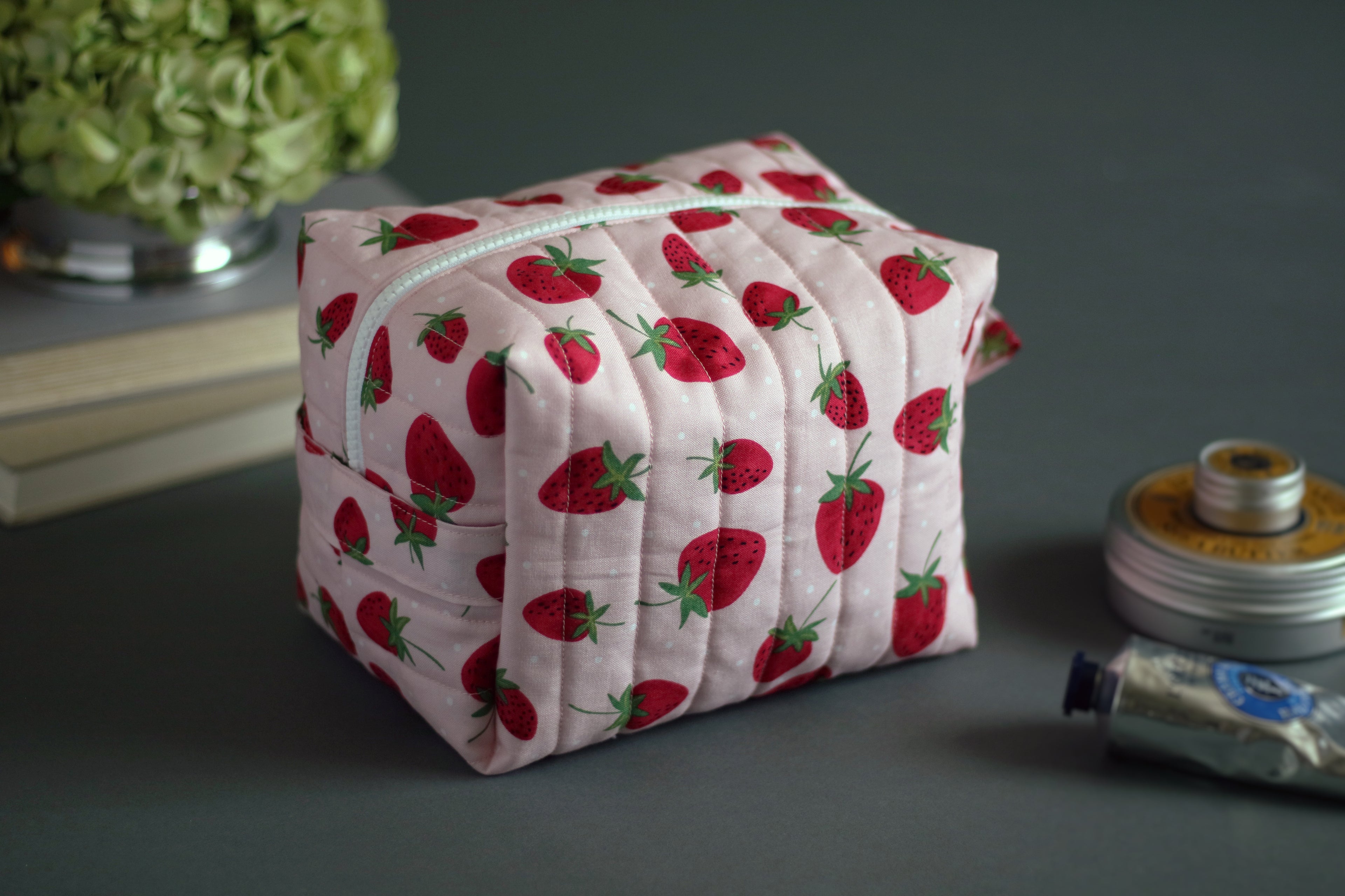 Strawberry Picnic Handmade Quilted "Boxy" Makeup Bag
