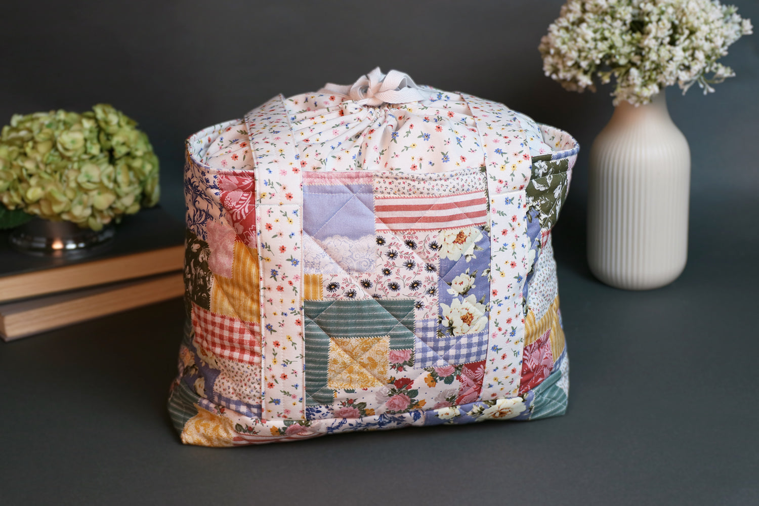 Colorful Patchwork Medium Drawstring Tote Bag with Colorful Mini Flowers Interior - Boho Chic
