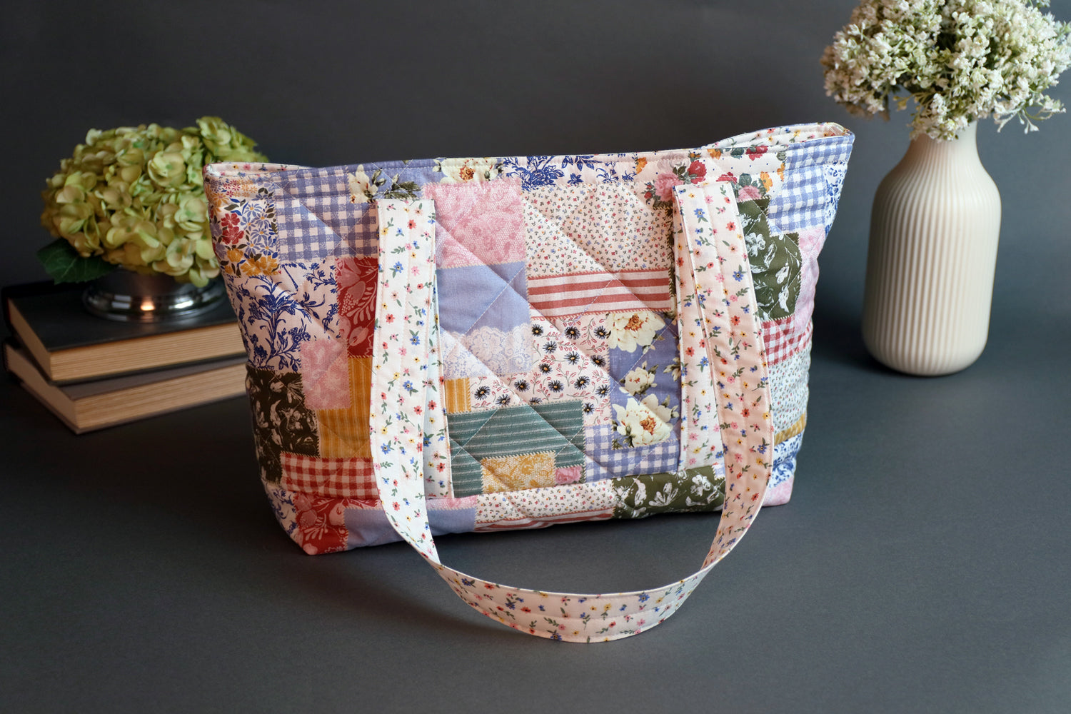 Colorful Patchwork Medium Drawstring Tote Bag with Colorful Mini Flowers Interior - Boho Chic