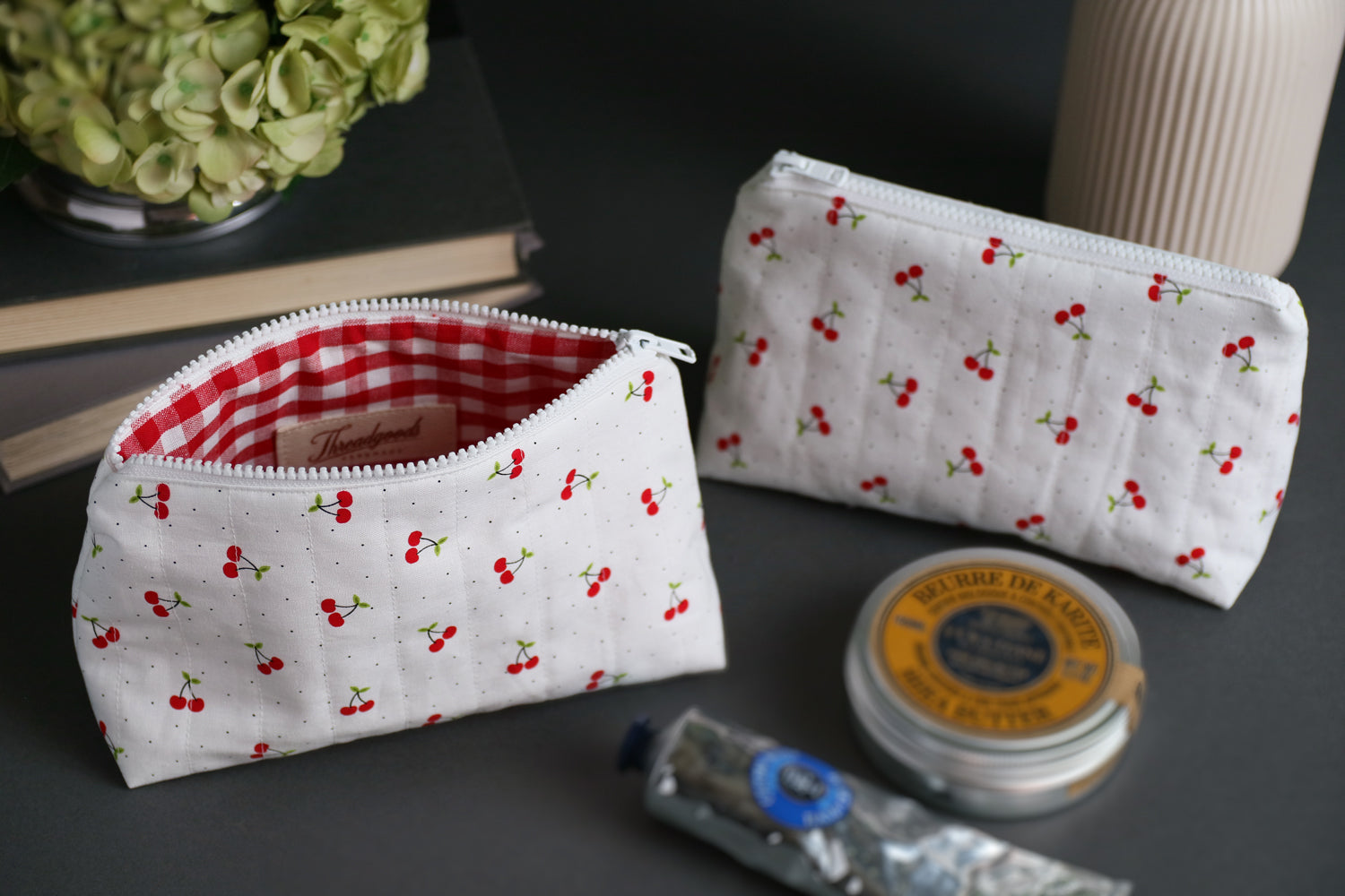 Cherry Picnic Handmade Quilted Zip Pouch -  Small