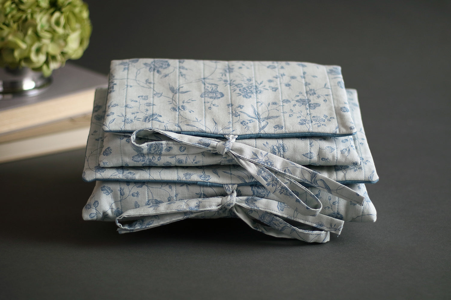 French Blue Peony Handmade Quilted Book Cover - Medium