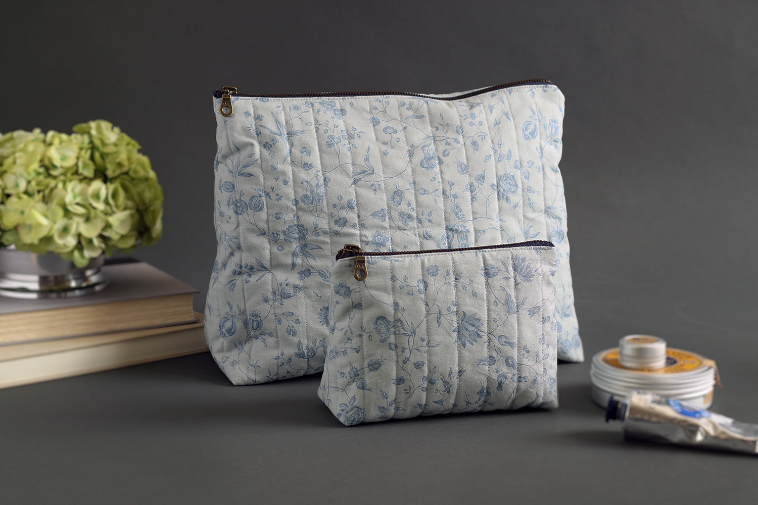 French Blue Peony Handmade Quilted Zip Pouch -  Large