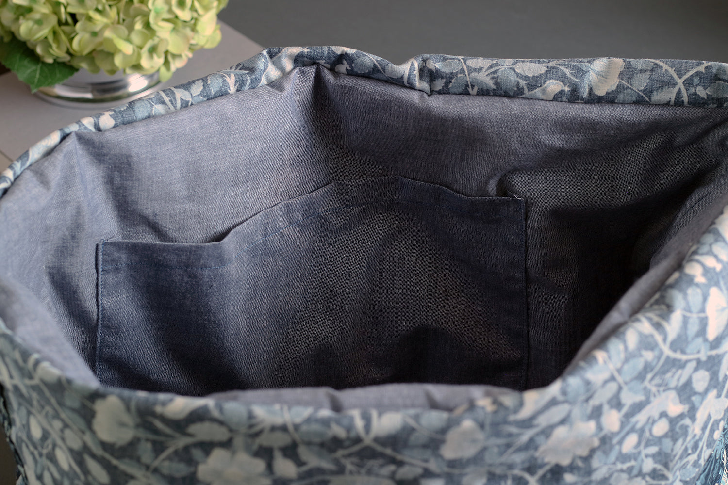 French Blue Birds Large Handmade Quilted Drawstring Tote Bag