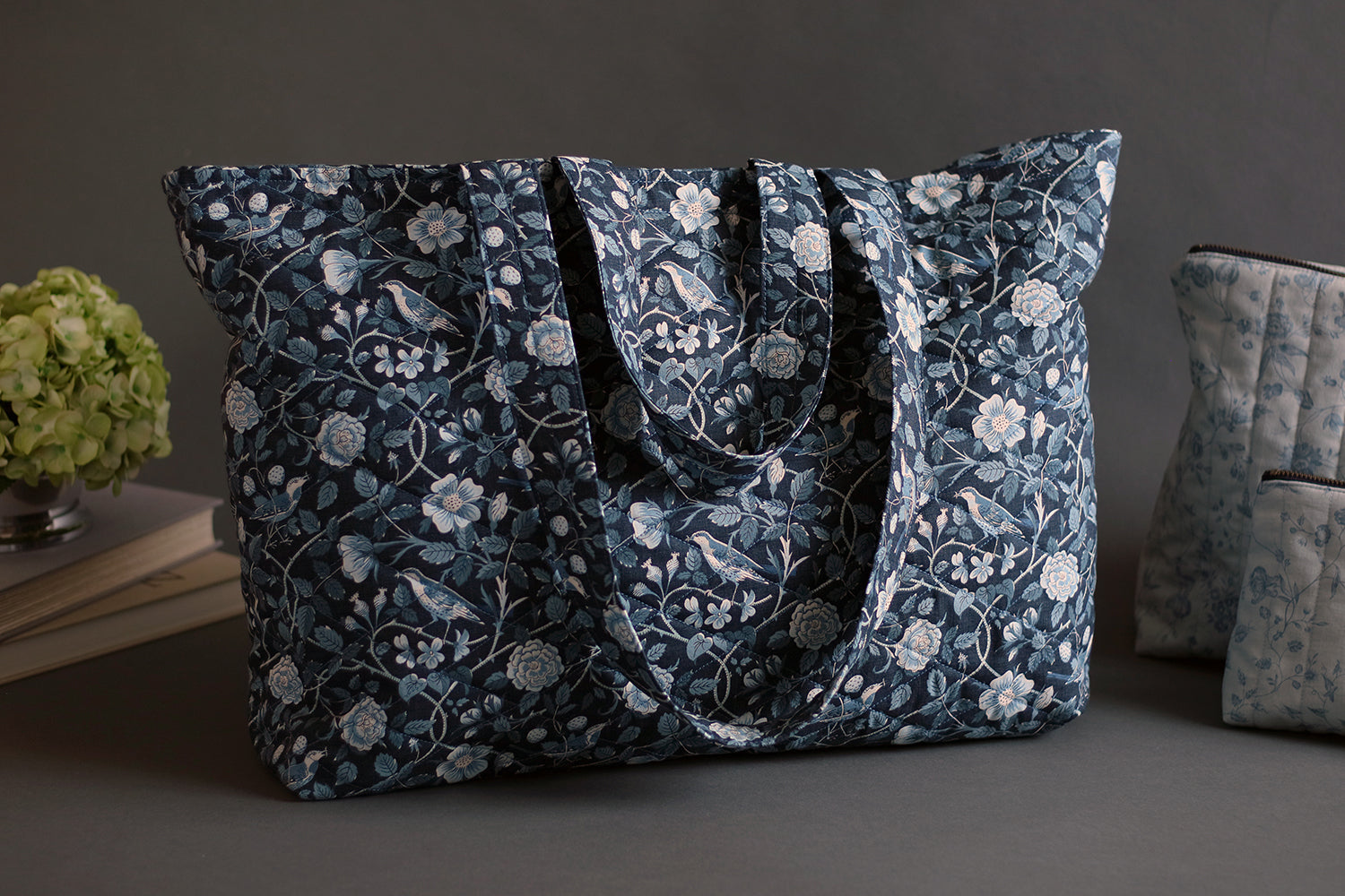 French Blue Birds Large Handmade Quilted Drawstring Tote Bag