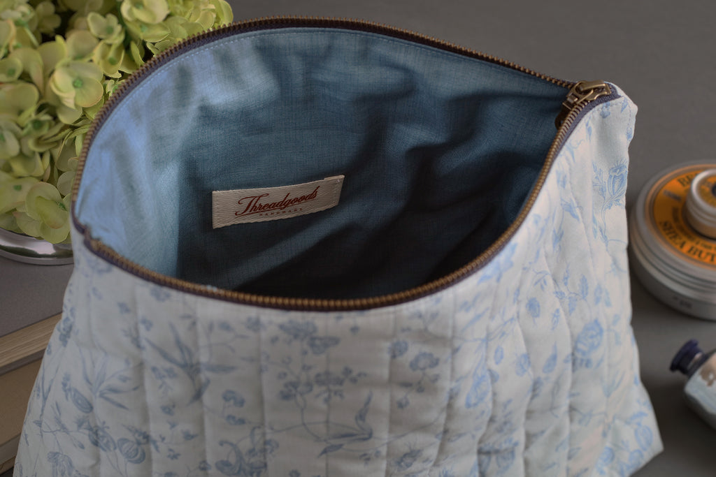 French Blue Peony Handmade Quilted Zip Pouch -  Large