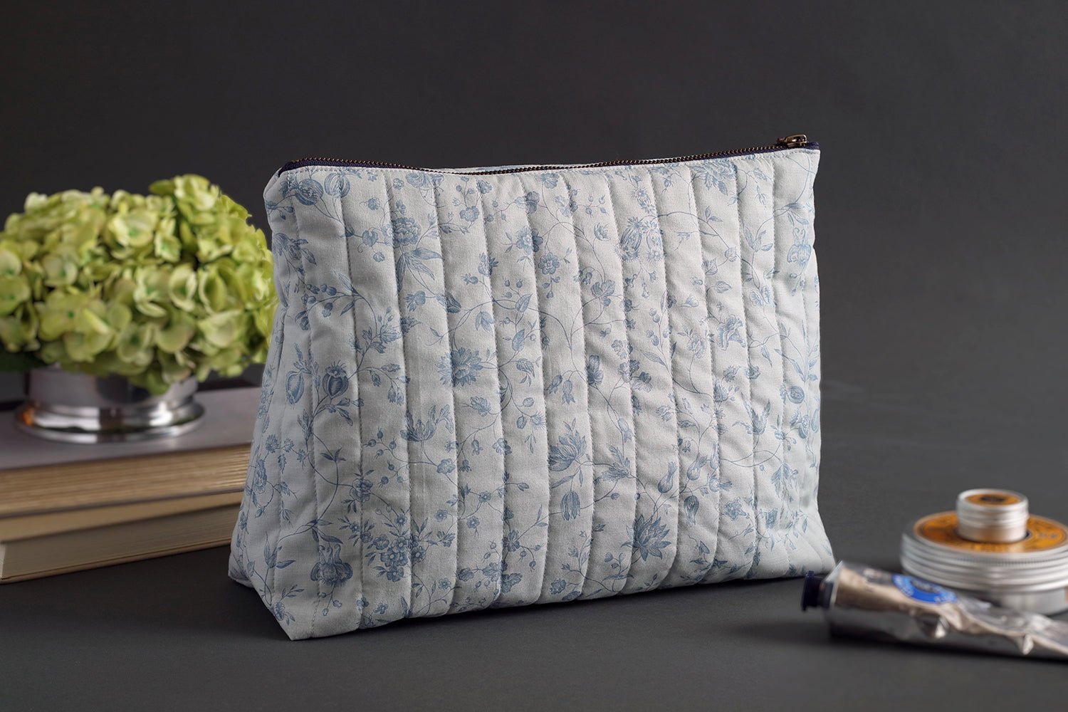 French Blue Peony Handmade Quilted Zip Pouch -  Large