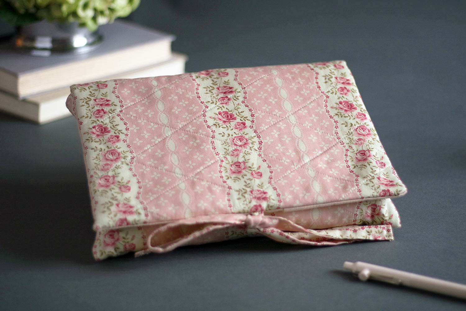 Pink and Cream Rose Stripe Floral Handmade Quilted Book Cover - Medium