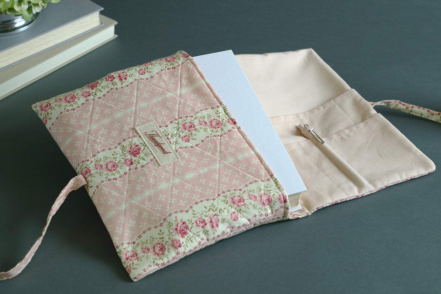 Pink and Cream Rose Stripe Floral Handmade Quilted Book Cover - Medium