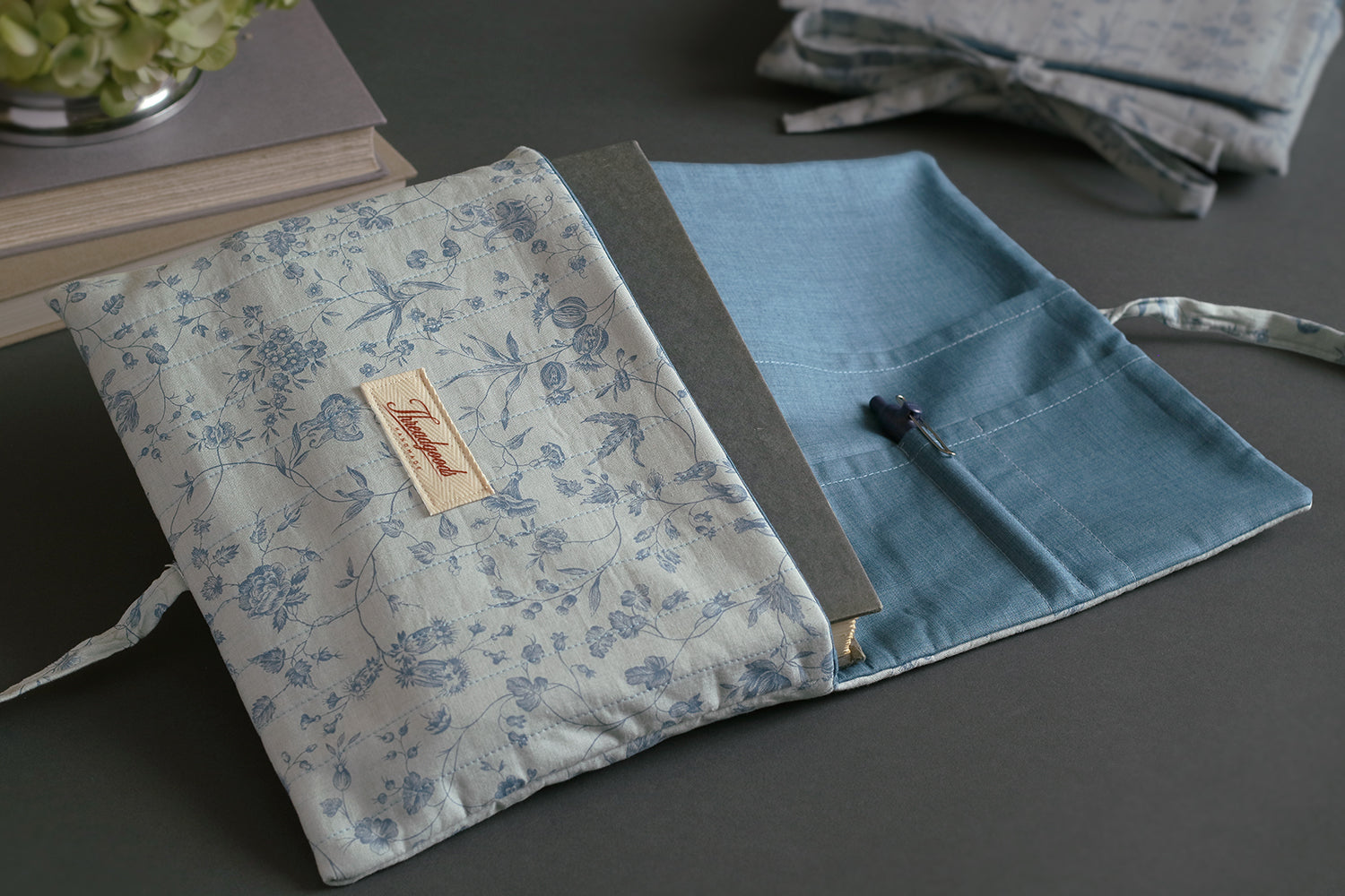French Blue Peony Handmade Quilted Book Cover - Medium