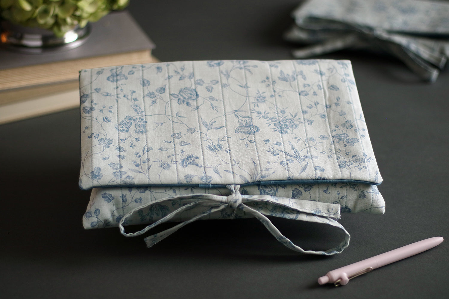 French Blue Peony Handmade Quilted Book Cover - Medium