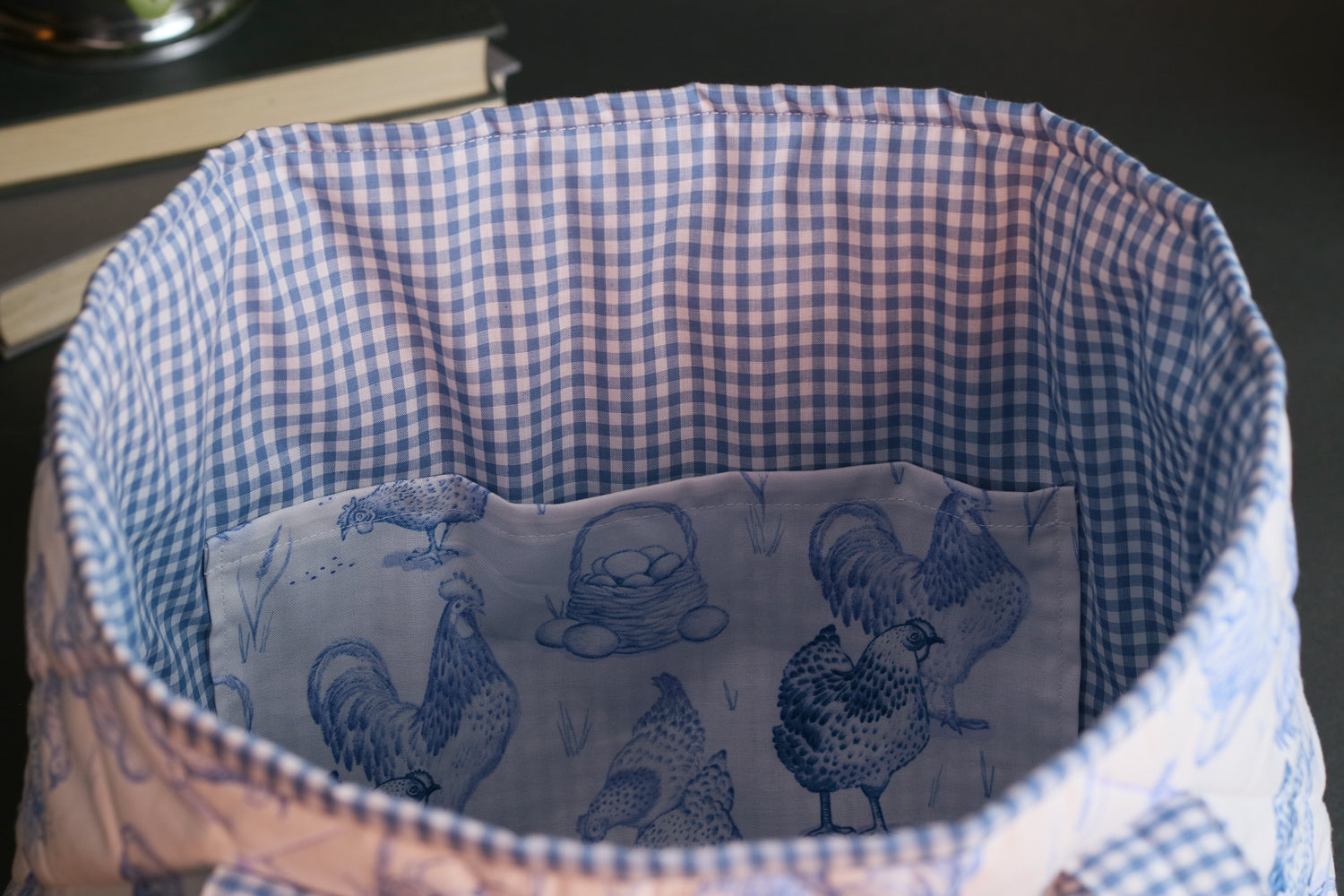 Medium Blue and White Chicken Coop Toile Handmade Quilted Tote Bag