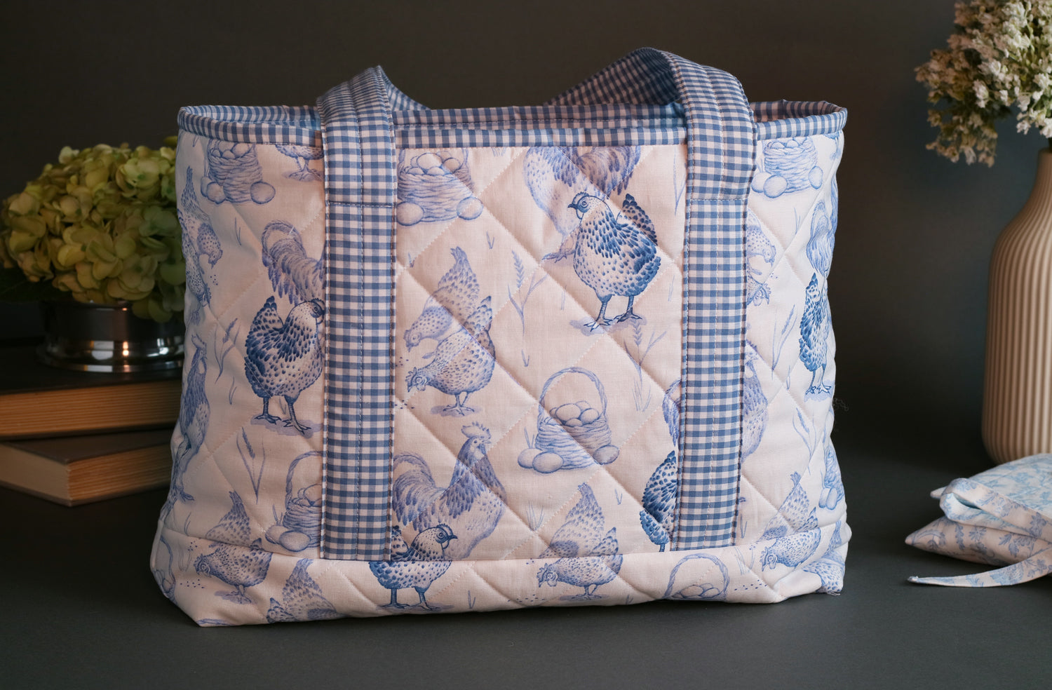 Medium Blue and White Chicken Coop Toile Handmade Quilted Tote Bag