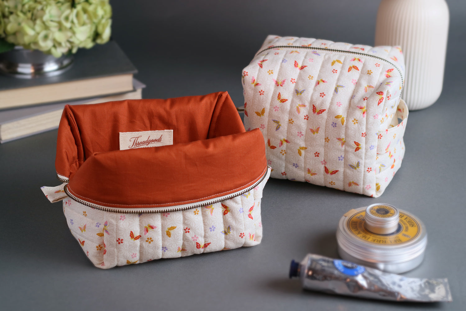 Colorful Butterflies & Cherry Blossoms Handmade Quilted "Boxy" Makeup Bag