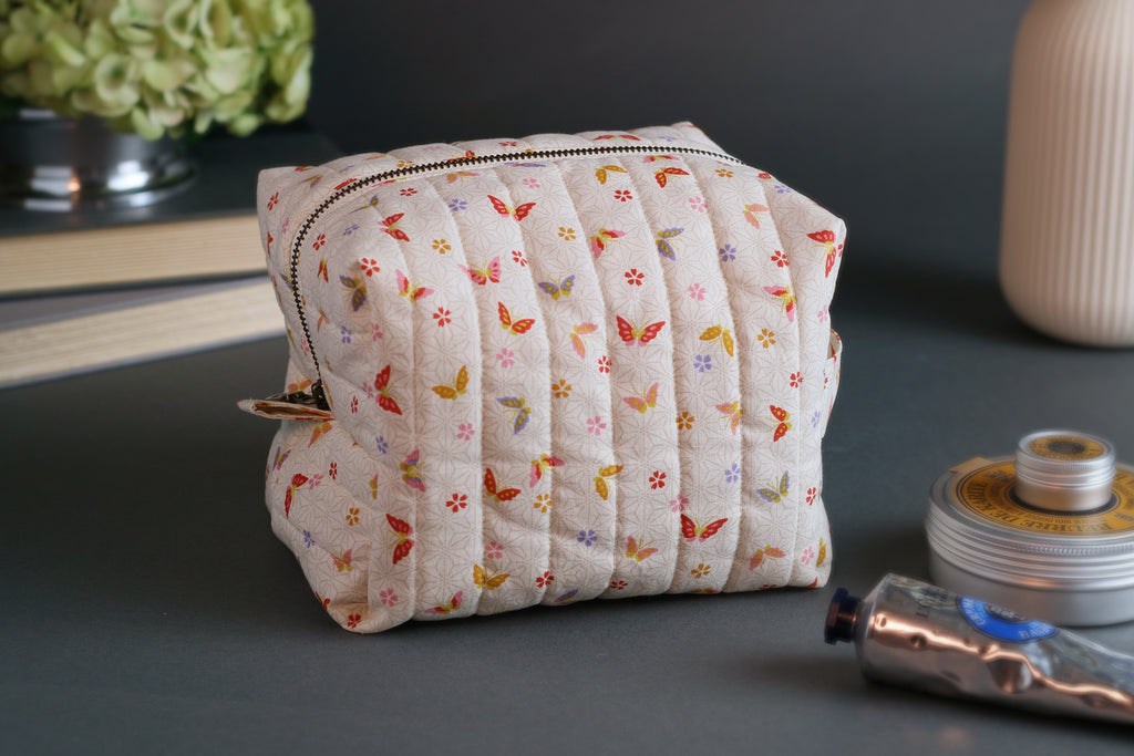 Colorful Butterflies & Cherry Blossoms Handmade Quilted "Boxy" Makeup Bag