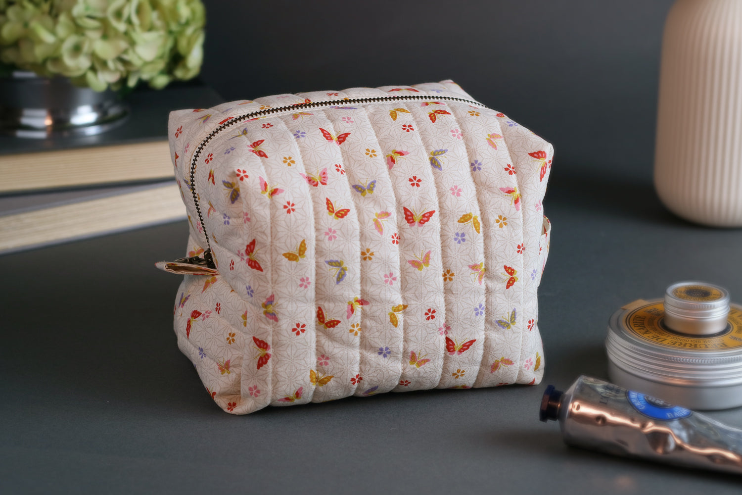 Colorful Butterflies & Cherry Blossoms Handmade Quilted "Boxy" Makeup Bag
