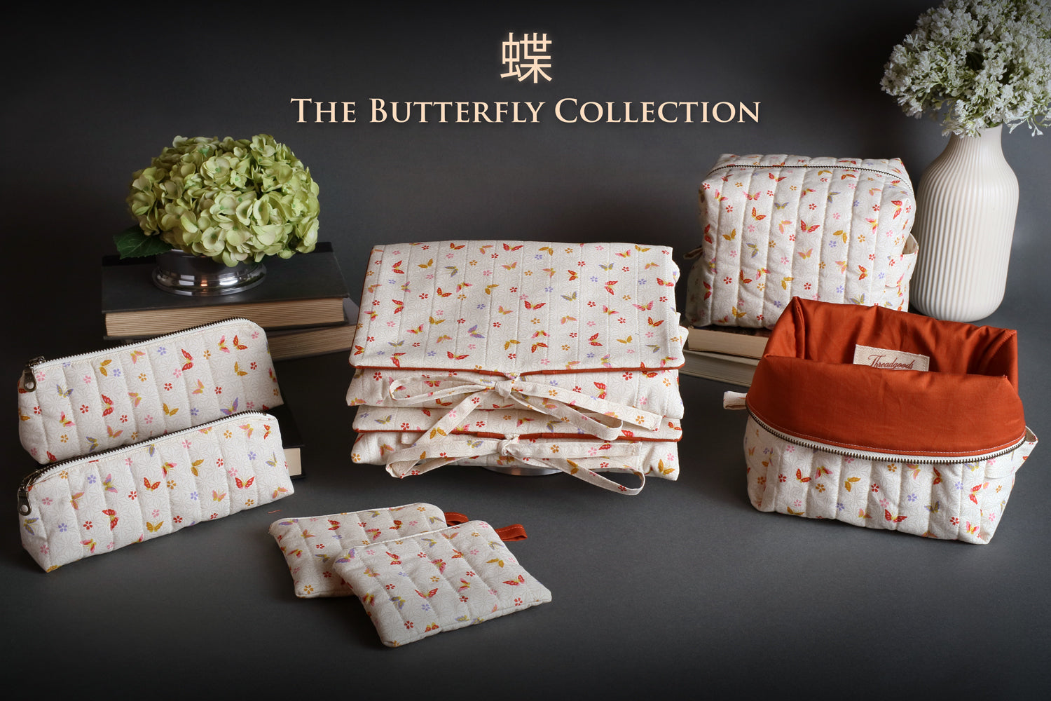 Colorful Butterflies & Cherry Blossoms on Cream Handmade Quilted Pencil Case