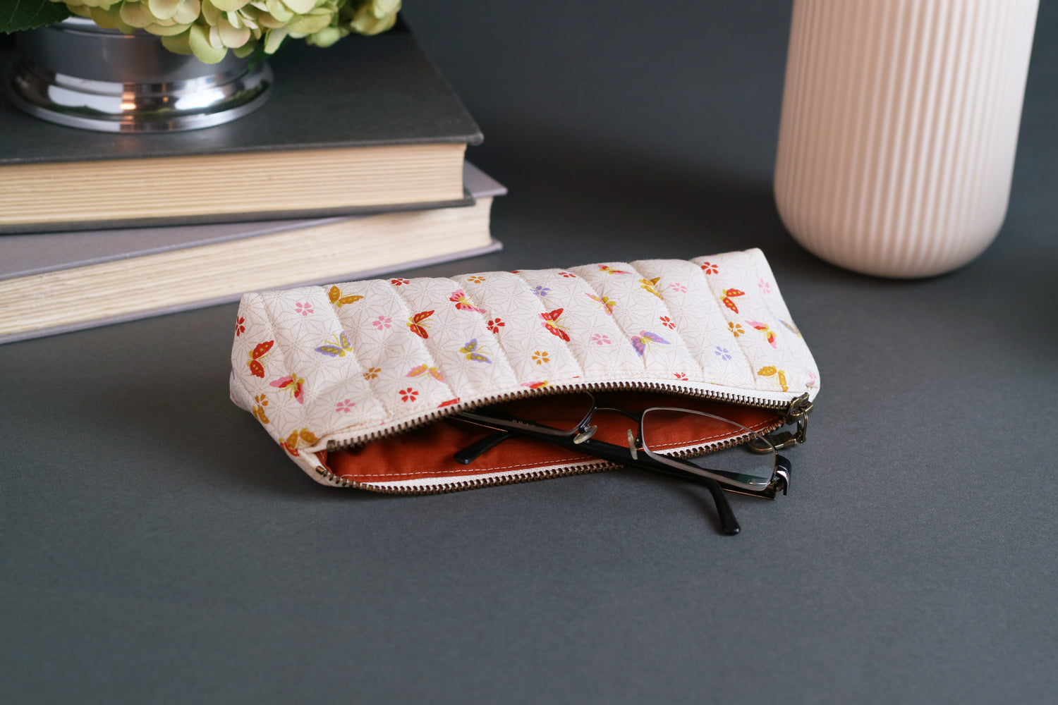 Colorful Butterflies & Cherry Blossoms on Cream Handmade Quilted Pencil Case