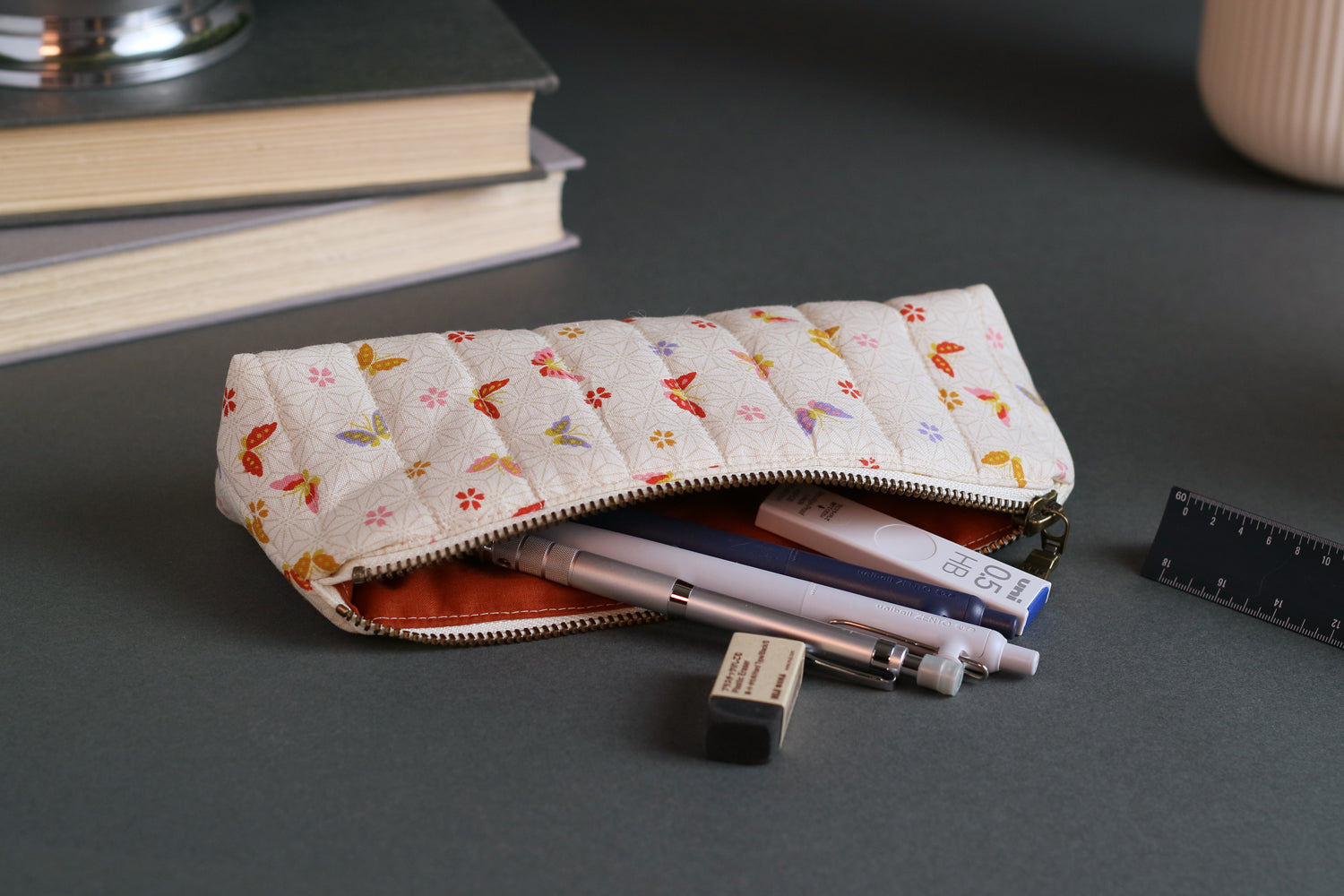 Colorful Butterflies & Cherry Blossoms on Cream Handmade Quilted Pencil Case