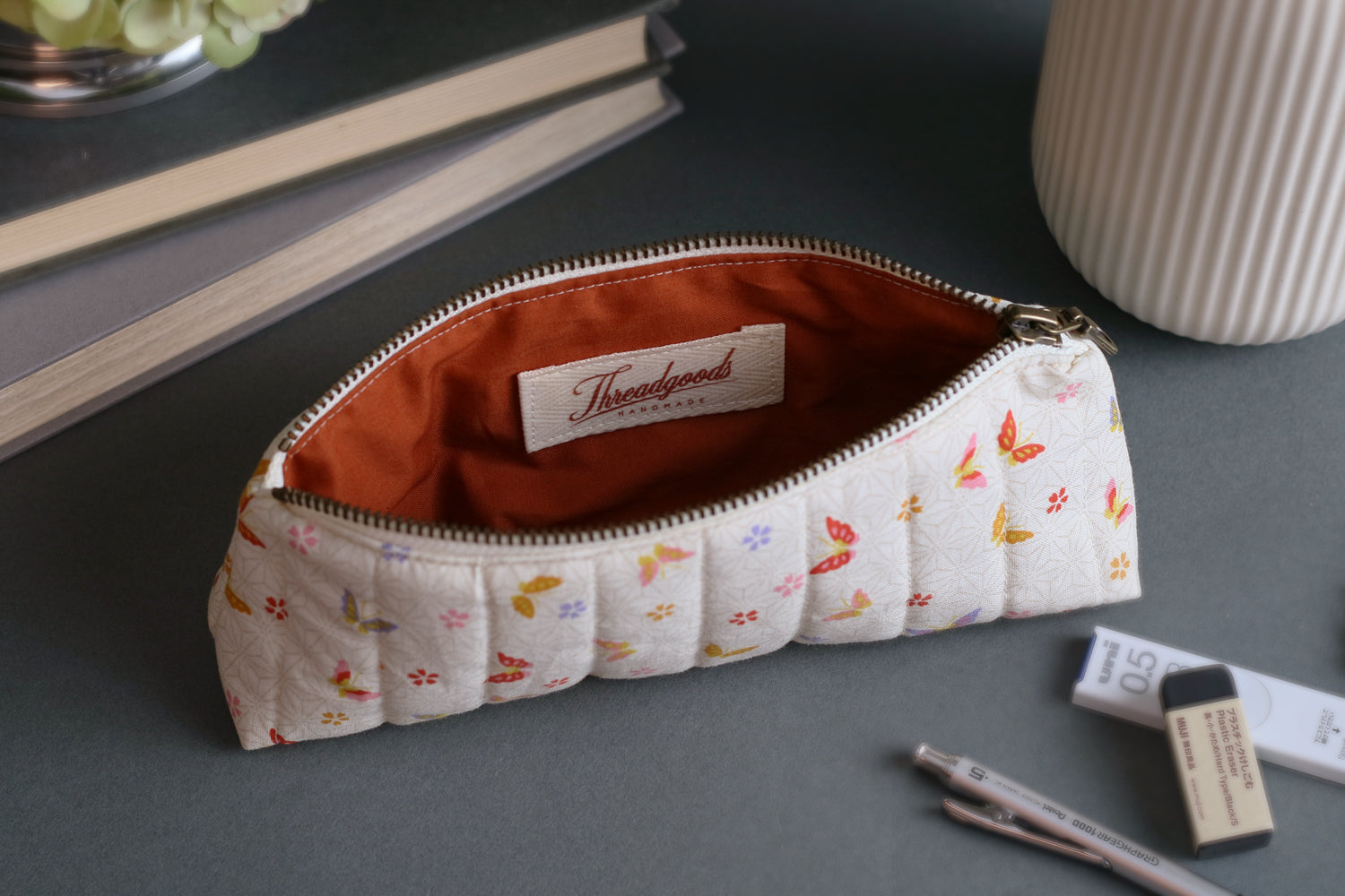 Colorful Butterflies & Cherry Blossoms on Cream Handmade Quilted Pencil Case