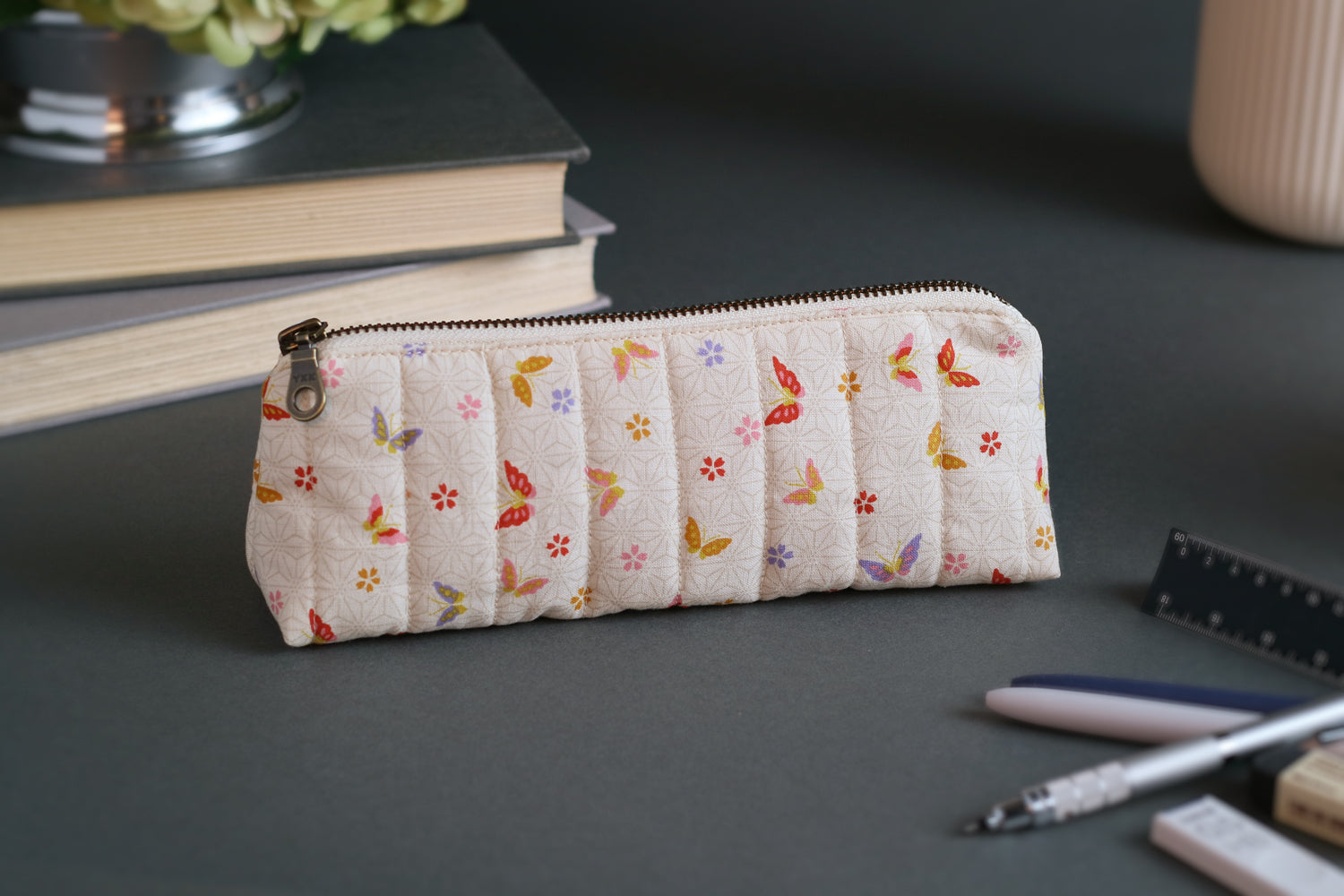 Colorful Butterflies & Cherry Blossoms on Cream Handmade Quilted Pencil Case