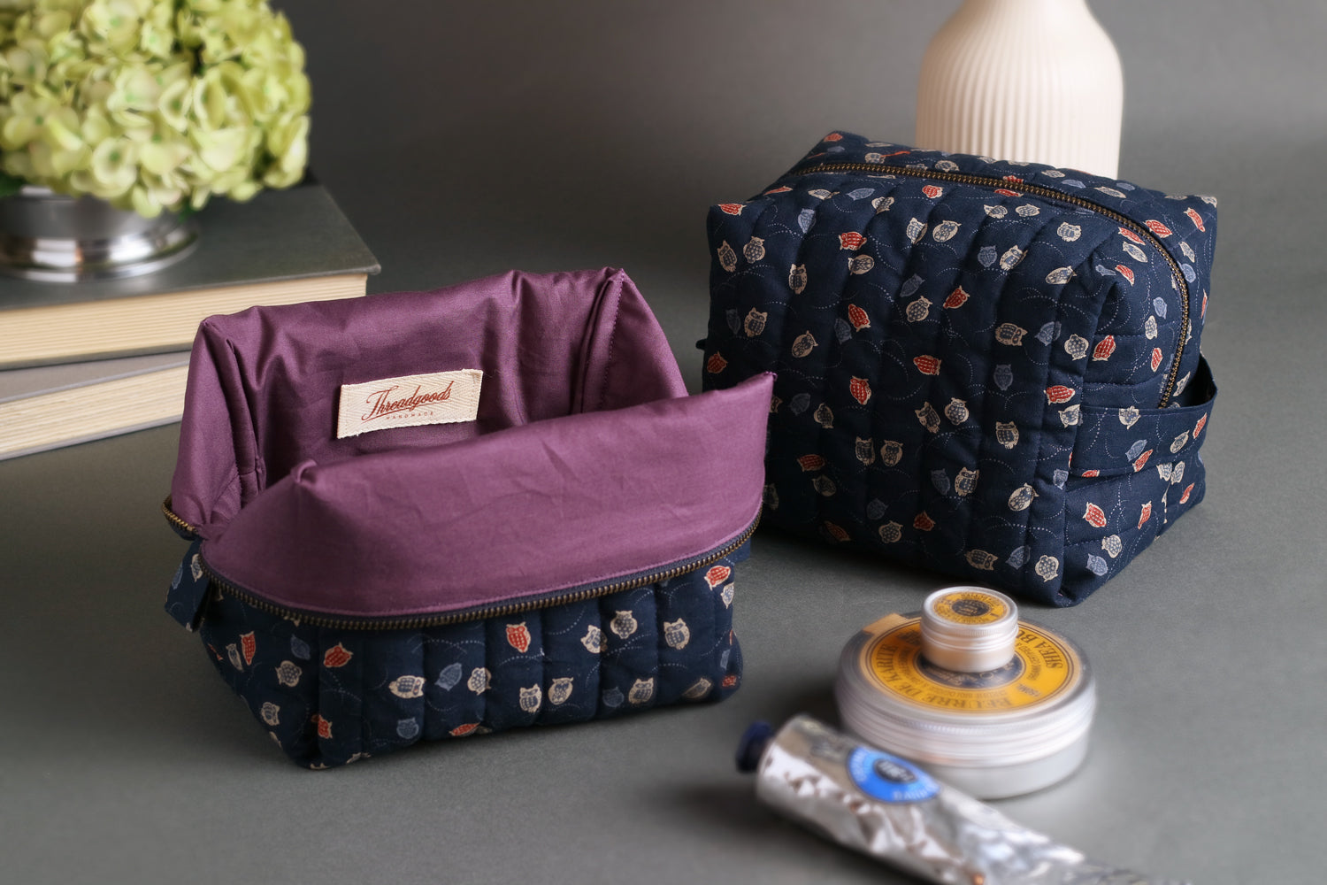Colorful Owls and Wispy Arcs Handmade Quilted "Boxy" Makeup Bag