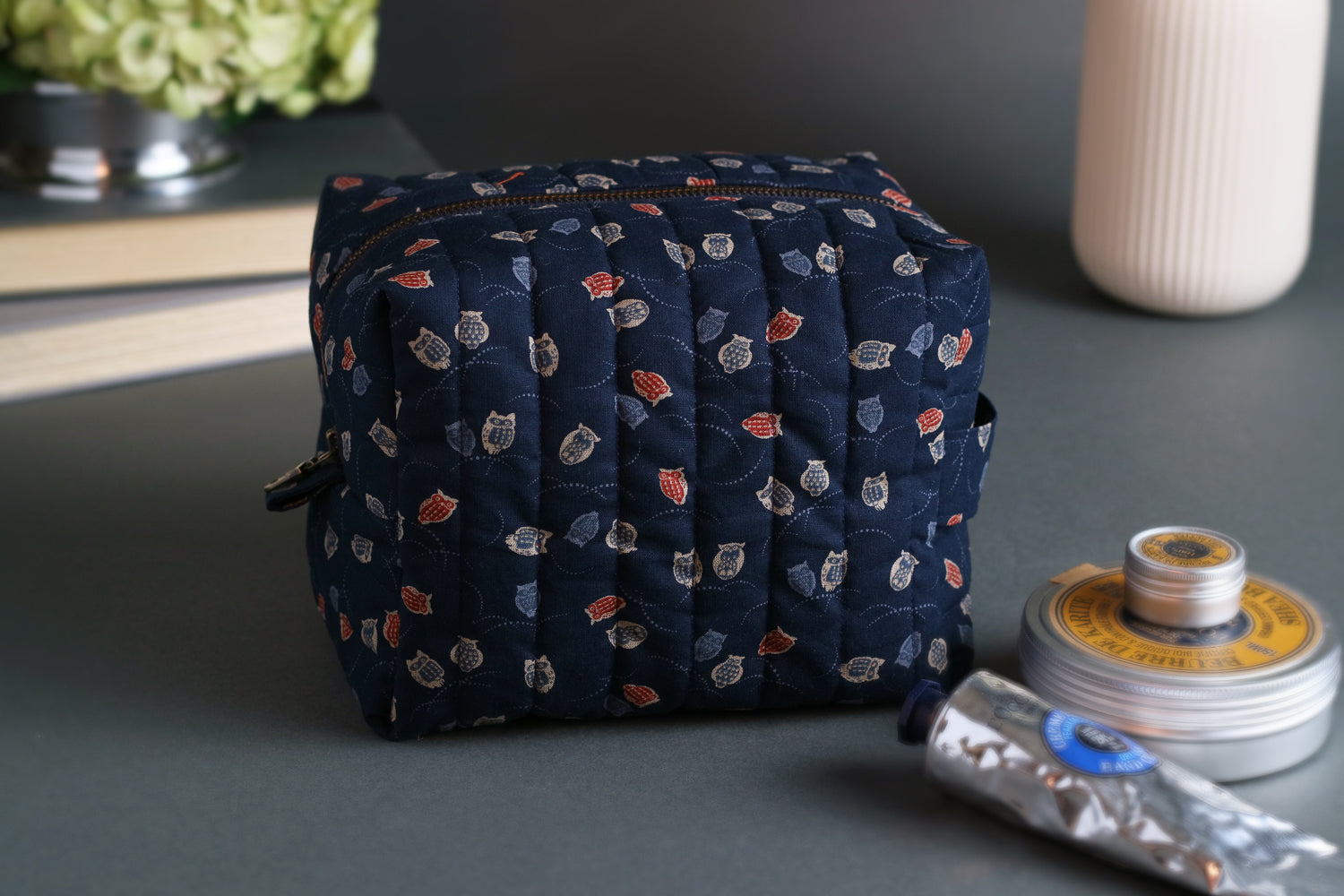 Colorful Owls and Wispy Arcs Handmade Quilted "Boxy" Makeup Bag