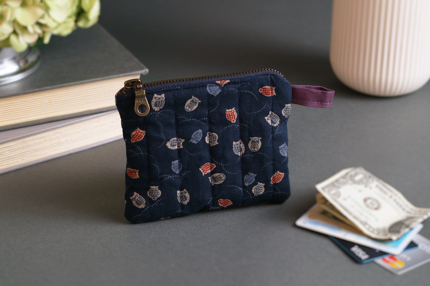 Colorful Owls and Wispy Arcs Handmade Quilted Keychain Wallet