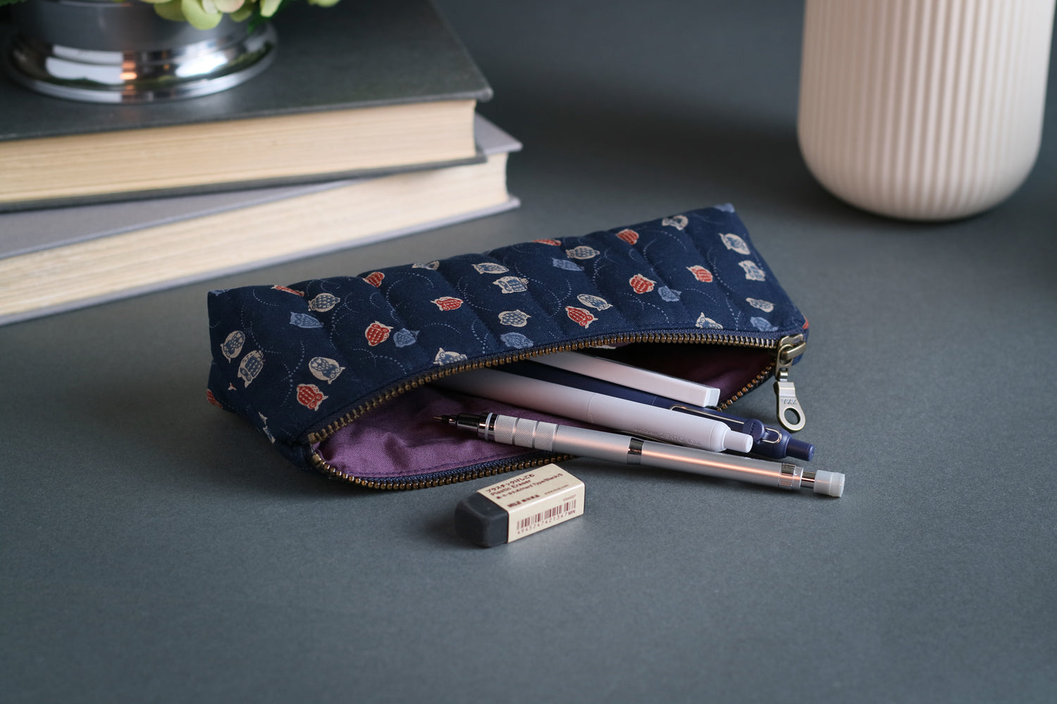 Colorful Owls and Wispy Arcs Handmade Quilted Pencil Case