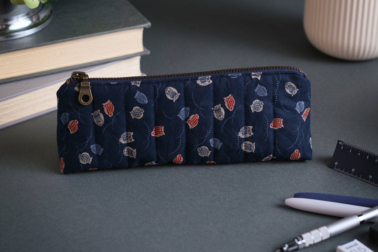 Colorful Owls and Wispy Arcs Handmade Quilted Pencil Case