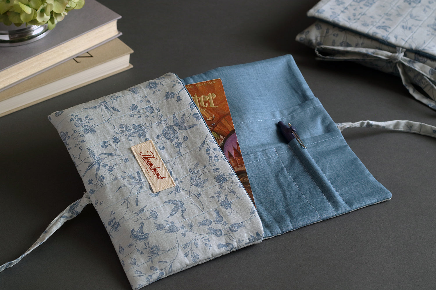 French Blue Peony Handmade Quilted Book Cover - Small