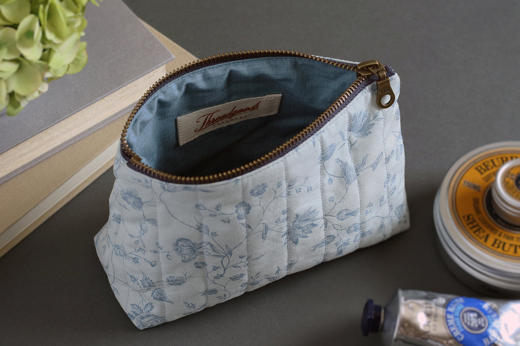French Blue Peony Handmade Quilted Zip Pouch -  Small