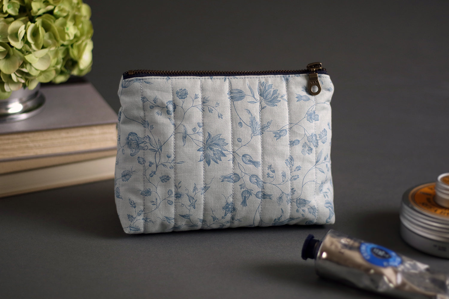 French Blue Peony Handmade Quilted Zip Pouch -  Small
