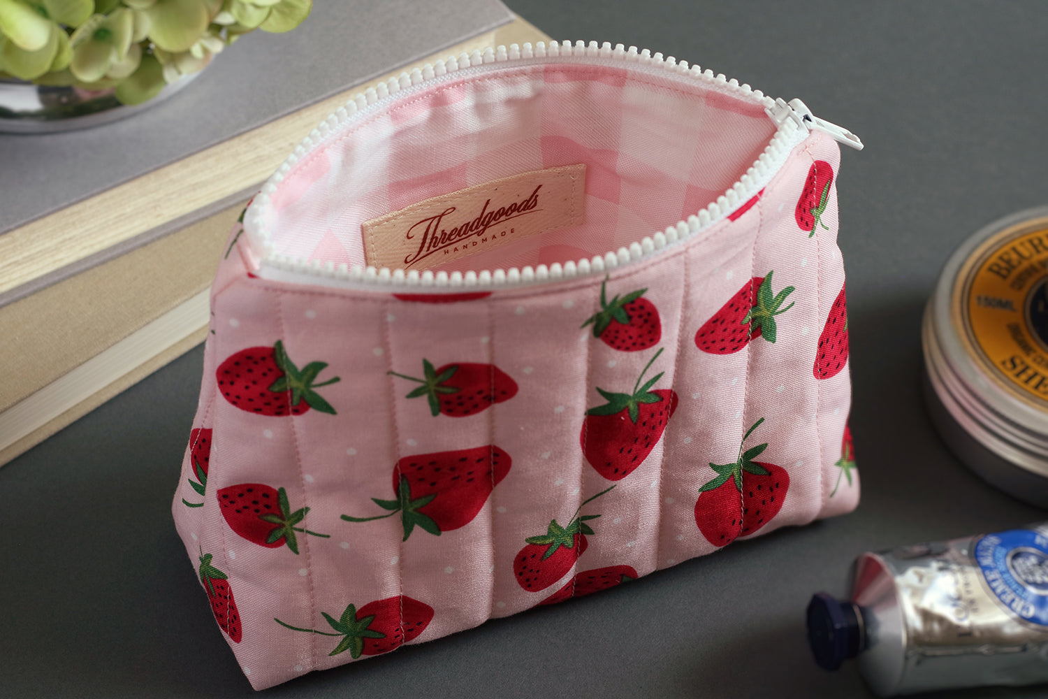 Strawberry Picnic Handmade Quilted Zip Pouch -  Small