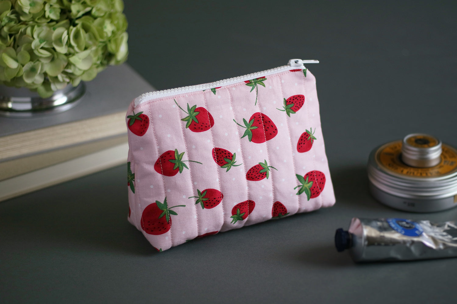 Strawberry Picnic Handmade Quilted Zip Pouch -  Small