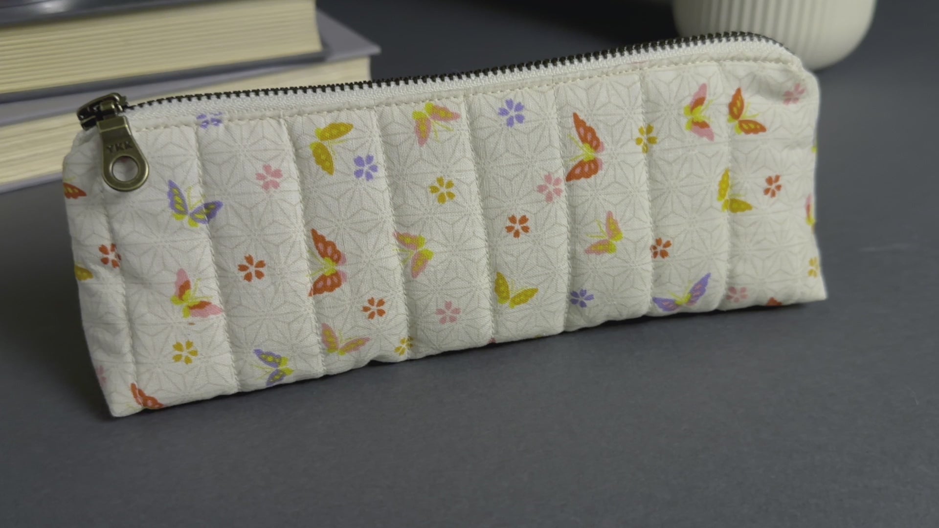 Colorful Butterflies & Cherry Blossoms on Cream Handmade Quilted Pencil Case